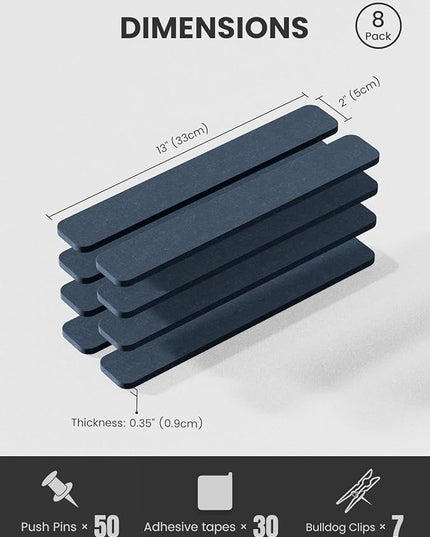 Fluxynara Cork Board Alternative Felt Strip Board 8-Pack 13"x2", Office Pin Board with 50 Push Pins, Adhesive Install for Bedroom Door & Home Office(Deep Charcoal Blue)