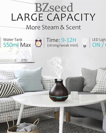 BZseed Aromatherapy Essential Oil Diffuser, 550ml Ultrasonic Fragrant Oil Large Room Humidifier, Diffusers for Home with Timer and Waterless Auto-Off, 7 Color LED Lights,Cool Mist Humidifiers