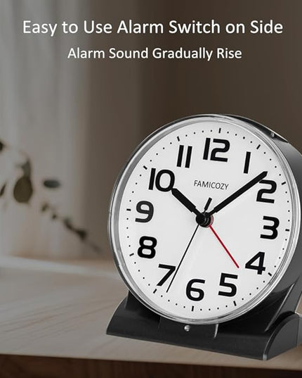 FAMICOZY Automatically Backlighted Alarm Clock,Silent No Ticking for Seniors Vision Impaired,Easy to Set,Big Numbers,Ascending Alarm,Gentle Wake,Snooze,2 AA Battery Operated,Black