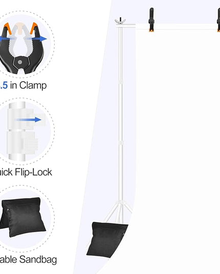 EMART Backdrop Stand 10x7ft(WxH) Photo Studio Adjustable Background Stand Support kit with 2 Crossbars, 8 Clamps, 2 Sandbags and Carry Bag for Parties, Events Decoration, Wedding, Photography -White