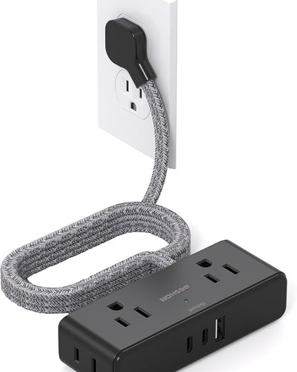 Black Flat Extension Cord 3 feet, Flat Plug Power Strip, 4 Widely Outlets with 3 USB Ports (2 USB C), 3 Side Outlet Extender with Extension Cord with Multiple Outlets for Home, Dorm Room Essentials