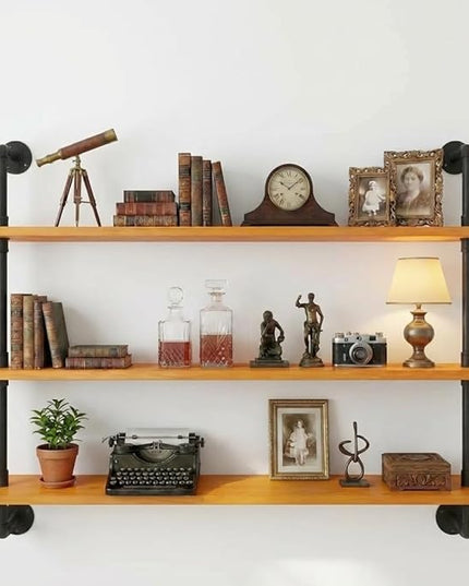 Industrial Pipe Wall Shelves - 36" Rustic Natural Oak Solid Wood Shelf, 9.85" Deep Industrial Pipe Floating Shelving for Farmhouse Rustic Decor, Sturdy Storage for Books/Plants/Toiletries