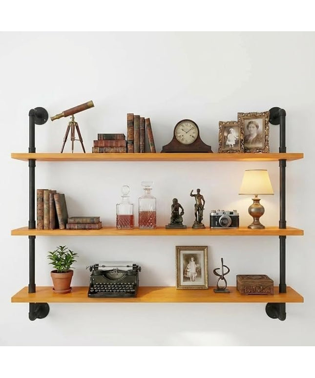 Industrial Pipe Wall Shelves - 36" Rustic Natural Oak Solid Wood Shelf, 9.85" Deep Industrial Pipe Floating Shelving for Farmhouse Rustic Decor, Sturdy Storage for Books/Plants/Toiletries