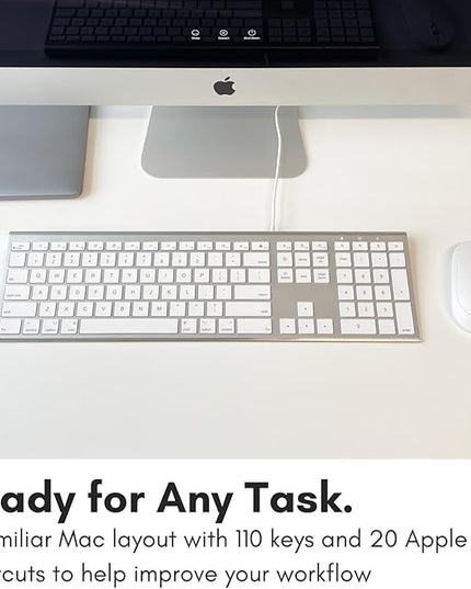Macally Ultra Slim USB Wired Computer Keyboard - Compatible Apple Keyboard or Windows - Full Size with 20 Mac Keyboard Keys -with Numeric Keypad - Silver Aluminum Finish