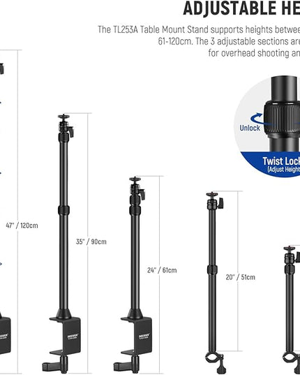 NEEWER Desk Stand with 2 Telescopic Boom Arms Phone Holder for Mic Camera Webcam Ring Light, Desktop Overhead Microphone Mount with C Clamp, Ball Heads, Screw Adapter, Cleaning Cloth, TL253A+DS001