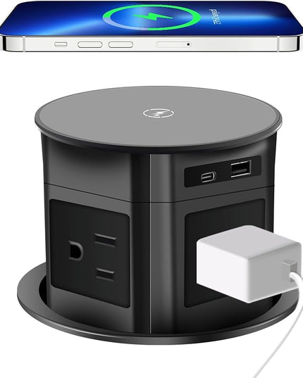 Pop Up Outlet; 15W Wireless Charger, 4 Outlets 1875W USB-A/C PD20W Super Charging 6.5FT 16AWG Cable 3.86 inch Desk Hole Pop Up Power Outlet for Kitchen Countertop,Office Table (Black)