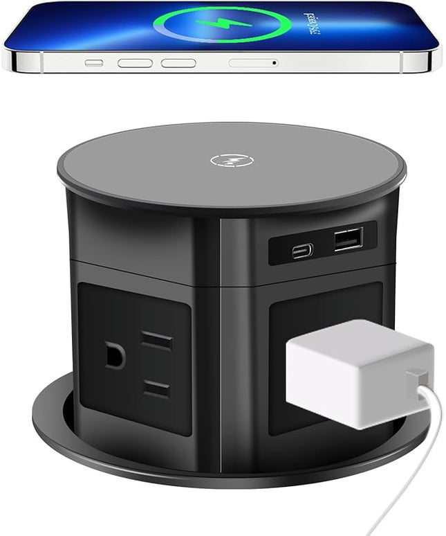 Pop Up Outlet; 15W Wireless Charger, 4 Outlets 1875W USB-A/C PD20W Super Charging 6.5FT 16AWG Cable 3.86 inch Desk Hole Pop Up Power Outlet for Kitchen Countertop,Office Table (Black)