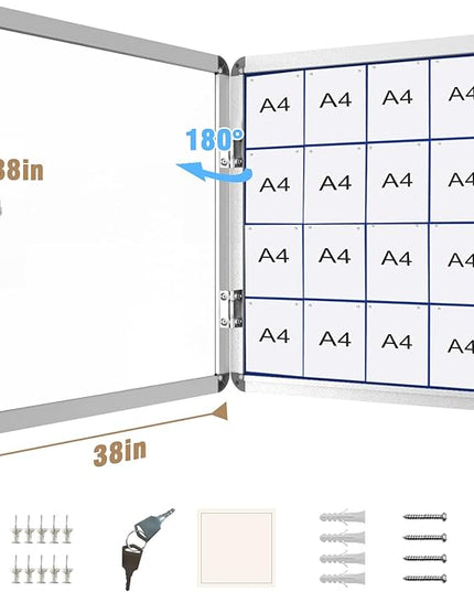 Mifuro 38"x38" Enclosed Bulletin Board, Lockable Weather-Resistant Aluminum Cork Noticeboard for School & Office, Silver Frame w/Blue Flet