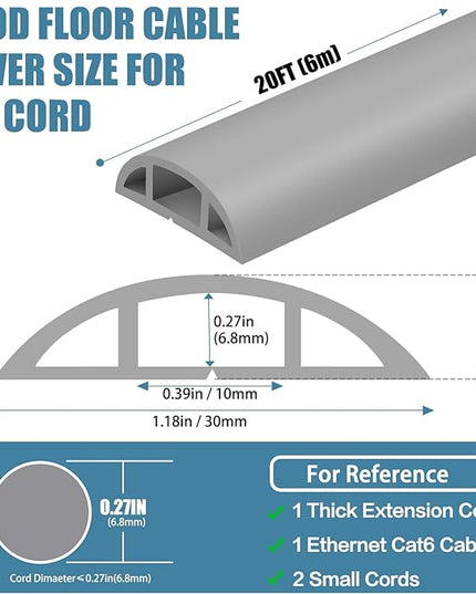 Floor Cord Covers for Wires 20FT Cable Hider Wire Cover Self Adhesive Cord Hider Floor for Offices, Homes, Workshops, Warehouses Cable Cavity 0.39" W x 0.27" H