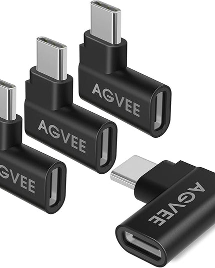 AGVEE 4 Pack Side Angle 90 Degree USB-C Male to USB-C Right Angled Female Adapter (Type-C 3.2 Gen 2) Converter Video Type-C 10G Data Extension Coupler Converter Connector, Black