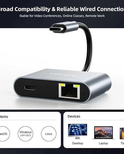 USB C to Ethernet Adapter 2.5Gbps with Power Delivery Charging, Type C to RJ45 Gigabit LAN Network Dongle, Compatible with MacOS, Windows 11/10/8/7, Linux