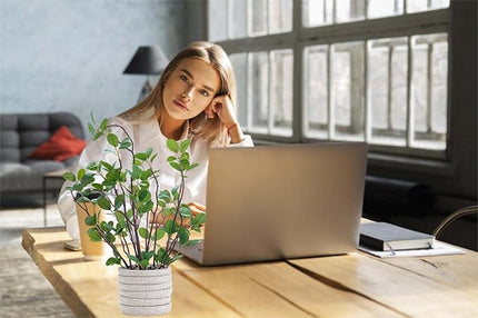 AlphaAcc 12.6" Artificial Plants Fiddle Leaf Fig Decorative Fake Plants Potted in White Round Concrete Planter Realistic Faux Plants Potted for Living Room Kitchen Bedroom Office and Tabletop Decor