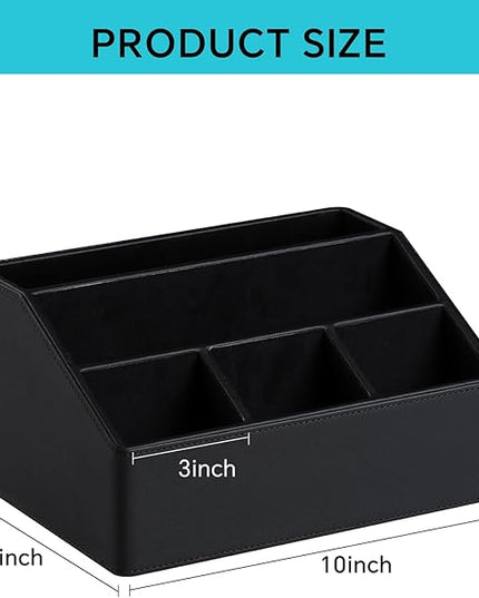 Cretkhp Remote Control Holder with 5 Compartments for Office Art Supplies, PU Leather Nightstand Organizer Pencil Pen Desk Caddy for Home, Desktop TV Remote Control Organizer Storage (Black)