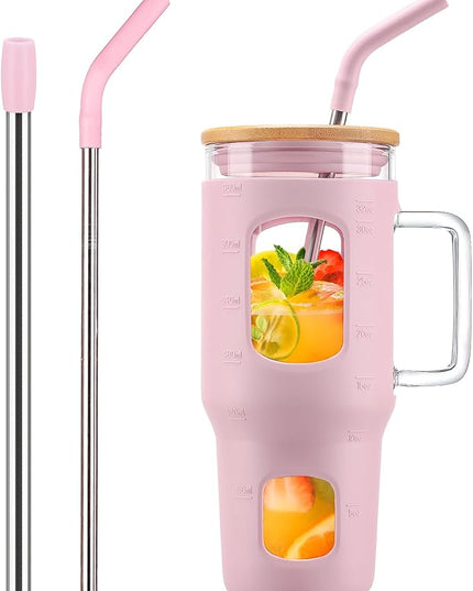 Glass Tumbler with Straw and Lid, 32 oz Glass Cup with Handle, Glass Water Bottles with Time Marker, 2 Straws - Pearl Straw & Drinking Straw Silicone Protective Sleeve-Pink