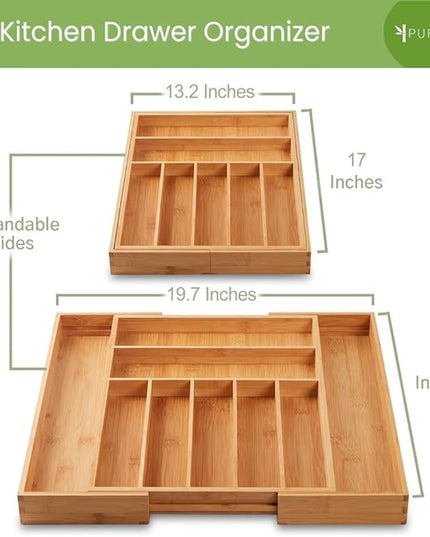 Bamboo Drawer Organizer, 2 Pack - Expandable Silverware Organizer & Utensil Drawer Organizer, Cutlery Tray with Dividers, 7-9 Slots- Premium Kitchen Organizer for Utensils & Flatware (Natural)