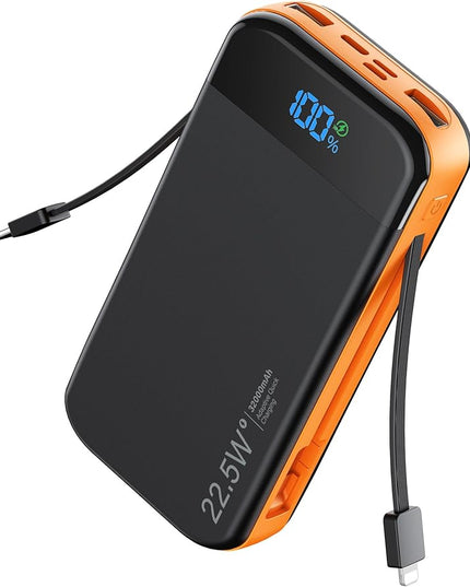 Portable Charger Power Bank Built-in Cables, 32000mAh 22.5W USB C Fast Charging, 5 Outputs 3 Inputs Travel Essentials Battery Pack Compatible with iPhone, iPad, Samsung, Google Pixel, Orange