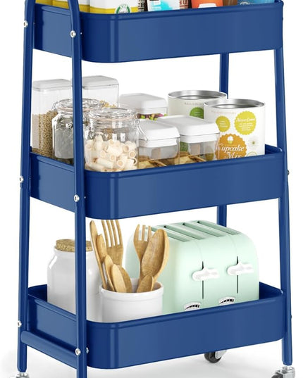 EAGMAK 3 Tier Utility Rolling Cart, Metal Storage Cart with Handle and Lockable Wheels, Multifunctional Storage Organizer Trolley with Mesh Baskets for Kitchen, Living Room, Office, Garage (Indigo)