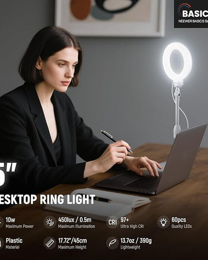NEEWER BASICS 5"/13cm Desk Ring Light with Stand, 10W LED Selfie Light with Phone Holder Base Compatible with iPhone for Video Recording Laptop Webcam Zoom Video Conference Lighting Makeup, White BR60