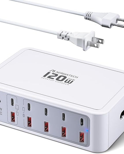 10-Ports USB and USB C Charging Station, 120W USB C Power Strip with PD3.0 and QC3.0 Fast Charging, Multiport Charging Hub for iPhone 15/14/13/12, iPad Air/Pro, Galaxy -White