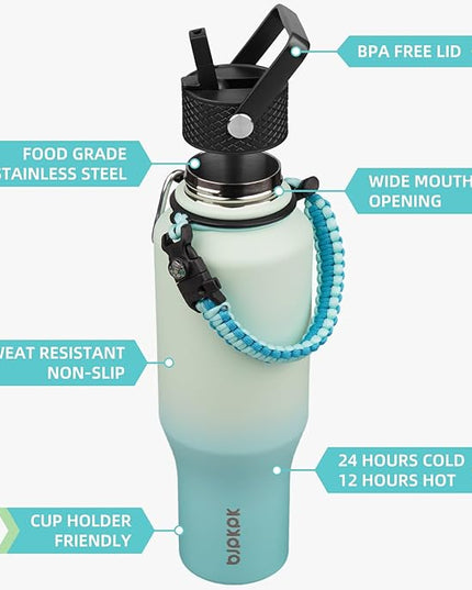 BJPKPK Insulated Water Bottles with Straw Lid, 35oz Metal Water Bottle with 2 lids & Paracord Strap, Double Wall Stainless Steel Vacuum Tumblers, Cups, Mugs, Thermo for Hot& Cold Drinks, Mint