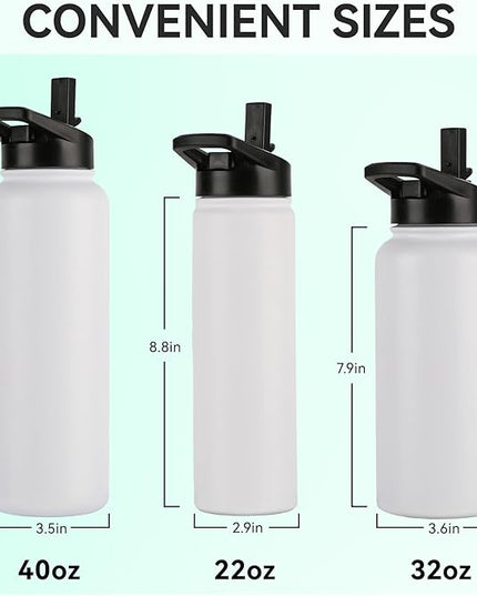 DOMICARE Insulated Water Bottle, 22 oz Vacuum Insulated Stainless Steel Reusable Sports Bottle with Straw Lid & Spout Lid for Travel, Camping, Bike, Leakproof, White, 8 Pack