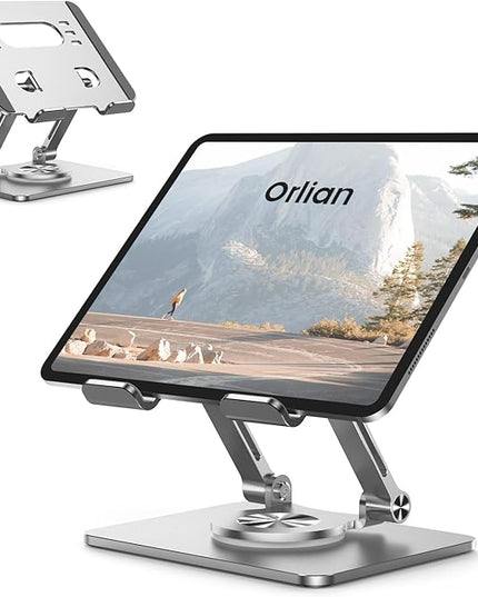 Tablet Stand Holder with Thickened 360°Rotating Base Dual Rod Adjustable Aluminum Stand for All 5.8-12.9” iPad Samsung Phone Tablet Kindle E-Reader and More, Silver