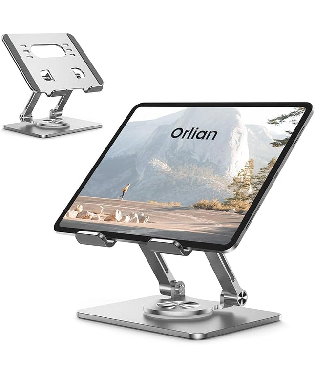Tablet Stand Holder with Thickened 360°Rotating Base Dual Rod Adjustable Aluminum Stand for All 5.8-12.9” iPad Samsung Phone Tablet Kindle E-Reader and More, Silver