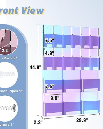 Iridescent Acrylic Wall Mounted Brochure Holder, 6 Magazine Holders and 12 Pamphlet Holders, Color-Shifting Display Rack, Trifold Flyer Rack, Literature Storage Rack for Home, Offices, Waiting Room