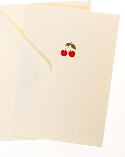Graphique Cherries Cards, Pack of 10 Cards with Envelopes, All Occasion Greetings, Blank Inside, Gold Foil Embossing, La Petite Press Collection Boxed Set, 3.25" x 4.75"