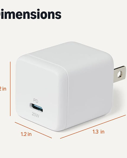 Amazon Basics Fast Charging USB C Nano GaN Wall Charger, 20W 1-Port PD 3.1 for Tablets Phones, White