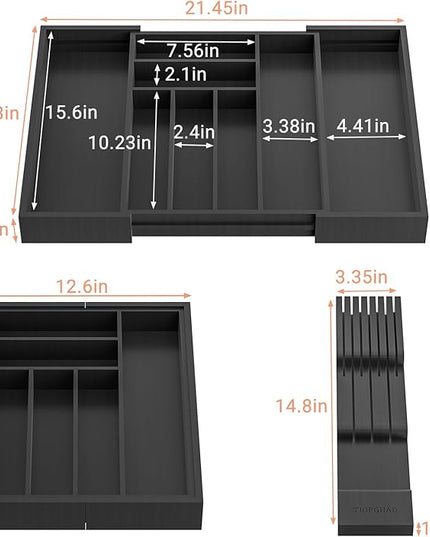 Bamboo-Silverware-Drawer-Organizer-Kitchen, Expandable Utensil Holder Cutlery Tray Flatware Organization Adjustable Wood Tableware Dividers Storage (with Removable Knife Block)(Black)