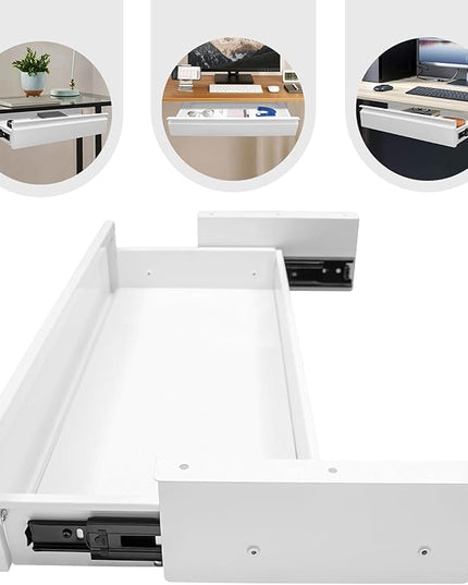 FFanhia 22 Inch Under Desk Mounted Sliding Pull-out Drawer Storage for Sit Stand Workstation Office(Applicable Table Thickness: 0.79in) White