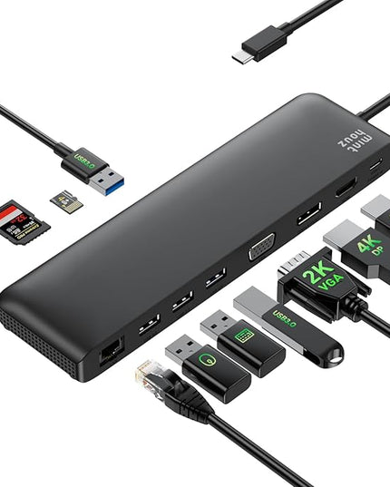 USB C Docking Station Minthouz 12-in-1 Docking Station 3 Monitors, USB Hub with DisplayPort/HDMI/VGA, PD, USB 2.0/3.0, Gigabit Ethernet, SD/TF, Audio Jack USB C Dock for Windows & Mac