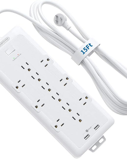 4000 Joules Power Strip Surge Protector, 15 FT Heavy Duty Extension Cord (1875W/15A), 12 Widely Spaced AC Outlets, Overload Protection, Wall Mount, ETL Listed, Ideal for Home, Dorm Essentials, White