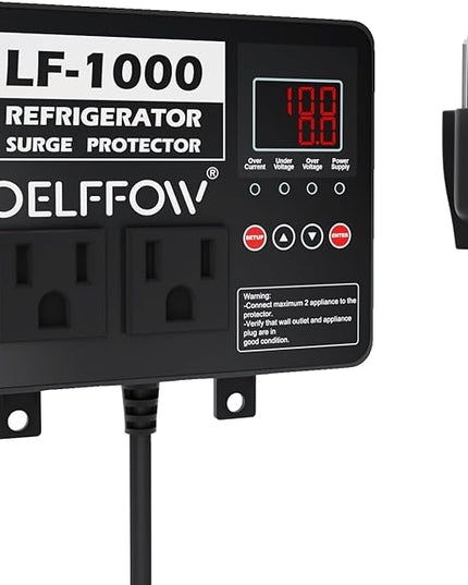 Refrigerator Surge Protector, Time Delay and Real-time Display, Voltage Protector, 2 Outlet Surge Protector for Home Appliances, with Mounting Screws, Black