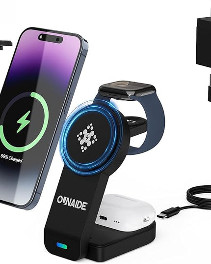 3 in 1 Charging Station for Apple MagSafe Charger, Foldable Wireless Charging Station Magnetic Wireless Charger Stand for iPhone 17 Air/16/15/14/13/12 Series/Apple Watch10-2/Airpods (Black)