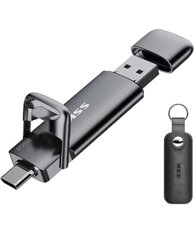 SSK 256GB Dual USB C Flash Drive, 2-in-1 Type C+ USB A 3.2 Gen2 Solid State Thumb Drive,Speed Up to 550MB/s Memory Stick Data Storage for iPhone 15, Android Phone,Tablet,MacBook,Windows