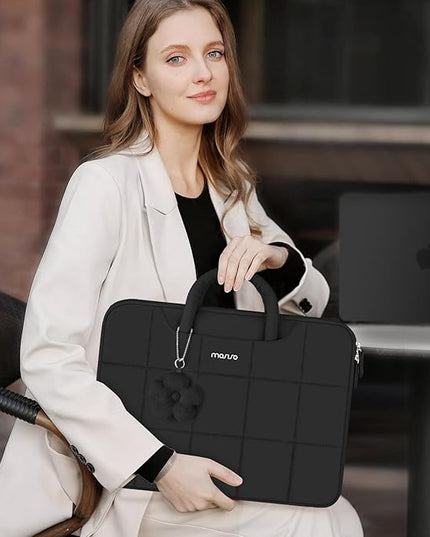 MOSISO Laptop Case 13.3 inch, 13-14 inch Puffy Laptop Sleeve Compatible with MacBook Air 13 13.6/Pro 13/Pro 14,HP Acer Dell ASUS Lenovo, Rectangle Quilted Computer Bag with Handle&Flower Pendant,Black