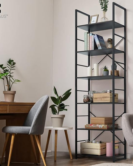 CAPHAUS 6 Tier Bookshelf, 24 Inch Width Free Standing Shelf, Bookcase Shelf Storage Organizer, Industrial Book Shelves for Home Office, Living Room, Kitchen, Black Shelves & Metal Frame