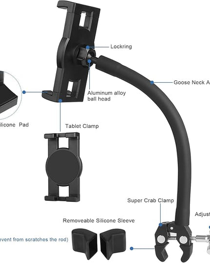 Mippko Tablet Holder for Treadmill/Elliptical/Spin Bike/Peloton/Indoor Cycle,Gooseneck Arm Super Crab Clamp Mount Compitable with 4.7~12.9" iPad/Nexus/LG G Pads/e-Reader/Switch/iPhone