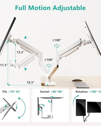 WALI Dual Monitor Stand for 17-32 inch Screens, Dual Monitor Arms for 2 Monitors Holds up to 19.8 lbs, Adjustable Gas Spring Dual Monitors Mount, VESA 75x75/100x100mm (GSMP002NW), White