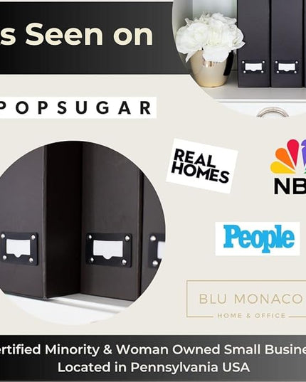 BLU MONACO Foldable Black Magazine File Holder – Set of 6 | Cardboard Desk File Organizer Boxes with Leather Label Holders | Vertical Magazine Storage for Office, Classroom & Home
