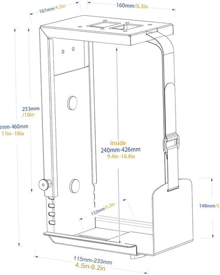 Universal Wall or Under Desk CPU Mount, PC/NAS Bracket – 4.5 to 9.2 inch Wide Computer Holder, Space-Saving Design with Safety Lock,Max Load 32Lbs