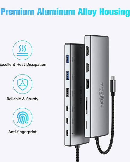 RSHTECH USB C Hub Docking Station Dual Monitor 12 in 1 Triple Display Multiport Adapter with 2 HDMI, 4K DP, 3 USB 3.2 10Gbps, 2 USB 3.0 Ports, 100W PD, Gigabit Ethernet, SD/TF for MacBook, Laptops