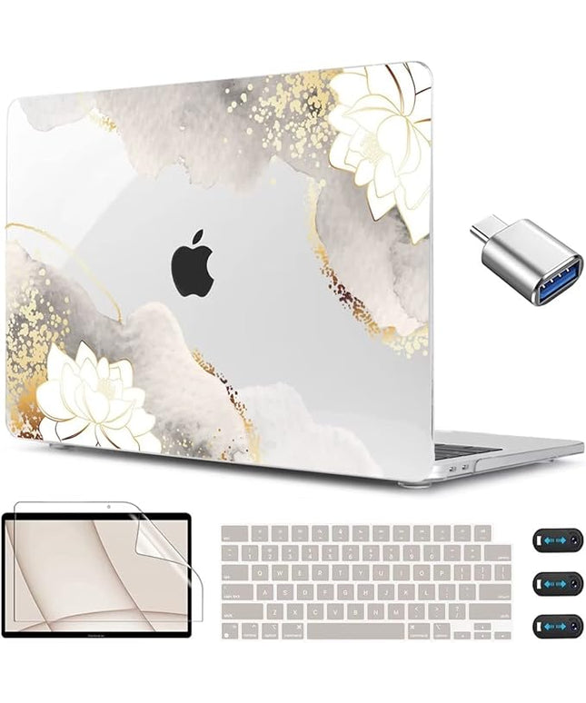 CISSOOK for MacBook Air 13.6 inch Case 2025 2024 2023 2022 Release Model M3 A3113 M2 A2681, Lotus Hard Shell Case Keyboard Cover for MacBook Air 13 M2 M3 M4 Chip, Charming Painting
