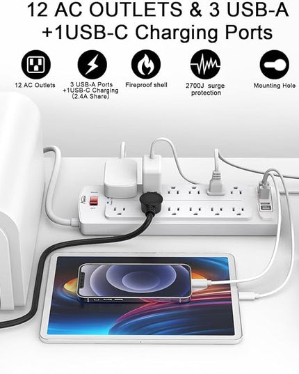 Power Strip, ALESTOR Surge Protector with 12 Outlets and 4 USB Ports(1 USB C Port), 10 Feet Extension Cord (1875W/15A), 2700 Joules, ETL Listed, White