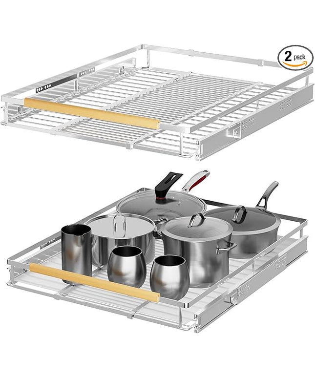 Expandable Pull Out Cabinet Organizers,Slide Out Drawers Adjustable Width W:16.9”-28” x D:22.2”,Heavy Duty Chrome Plated Gliding Cupboard Shelves for Kitchen,Pantry,Under Sink or Closet,2 Packs