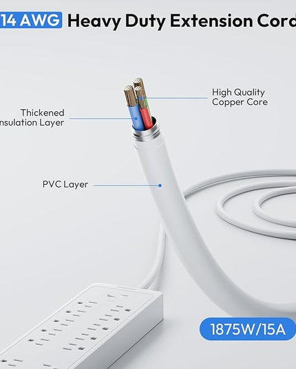 15 ft Extension Cord Flat Plug Power Strip, NTONPOWER 2100 Joules Surge Protector with 12 Outlet 3 USB Port, 1875W/15A, Overload Protection, Long Cord Wall Mountable for Home Office Accessories, White