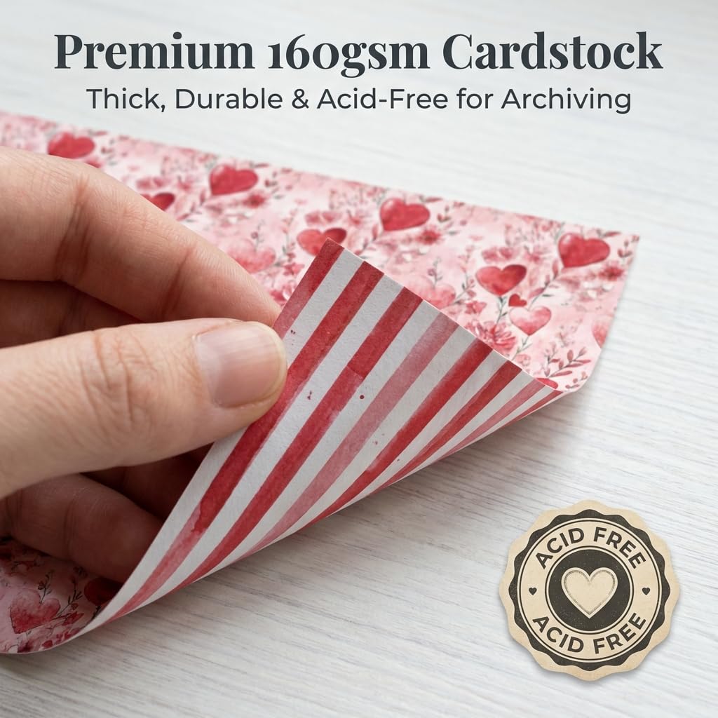 Valentine Scrapbook Paper 12x12 Inch, 24 Sheets Double Sided 160gsm Cardstock Pad, Acid Free Vintage Patterned Craft Paper for Card Making, Valentines Day DIY Gifts & Love Scrapbooking Supplies