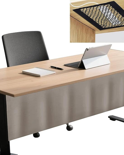 Icegrey 64" Under Desk Privacy Panel with Cable Management Organizer Net Self-Adhesive Modesty Panel for Cord Organizer Pockets and Desk Skirt for Home Office or Standing Workstation, Khaki 2